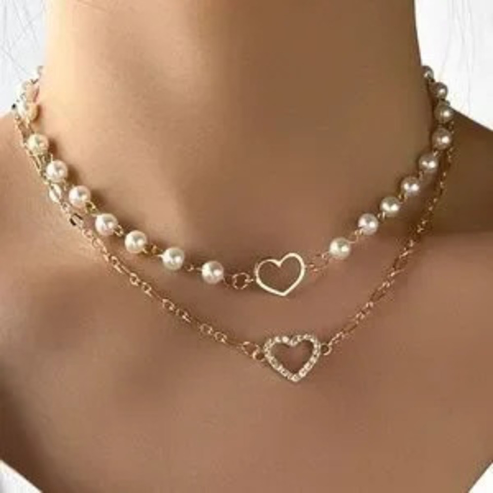 Boho Gold Tone Multilayer Faux Pearl Heart Necklace